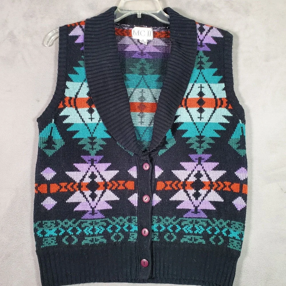 VTG MC II Sweater Vest Womens M Black Southwestern Aztec Button Shawl Collar